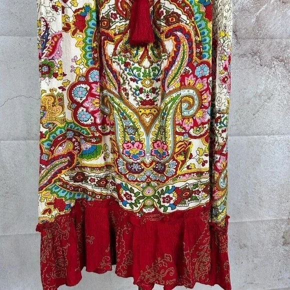 NWT BILA boho ruffled hem tank top size S hippie paisley tassel tie folk shirt ! - Picture 3 of 6